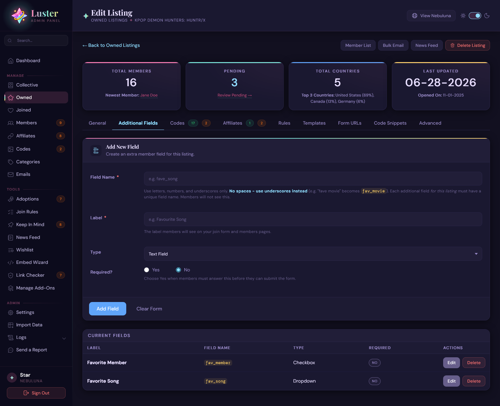 Edit Listing - Additional Fields, Dark Mode